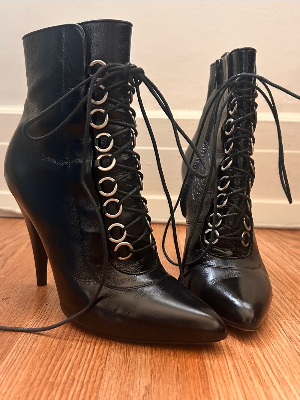 Saint Laurent Black Lace-Up Pointed Stiletto Ankle Boots